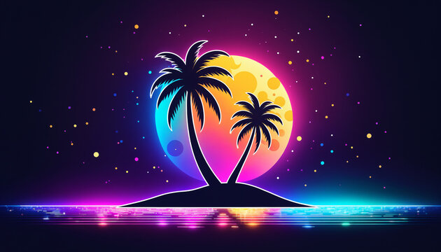 vibrant synthwave style landscape with two dark palm tree silhouettes on a small island against a large glowing cratered moon and starry night sky