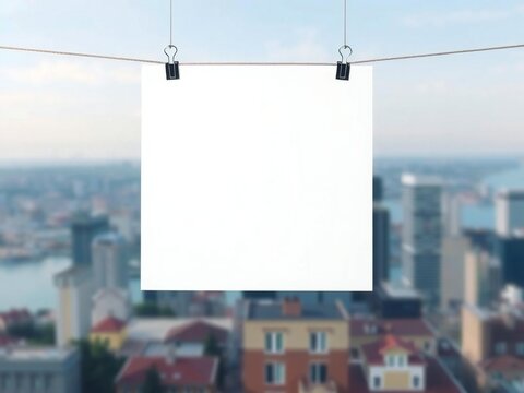 Blank white square paper hanging on a laundry line with a blurred city skyline background