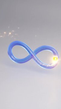 Abstract blue glass infinity loop video clip with a glowing gold ball and sparkling particles