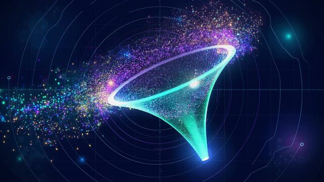 Dynamic digital funnel glowing with vibrant particles and swirling light effects for futuristic technology backgrounds