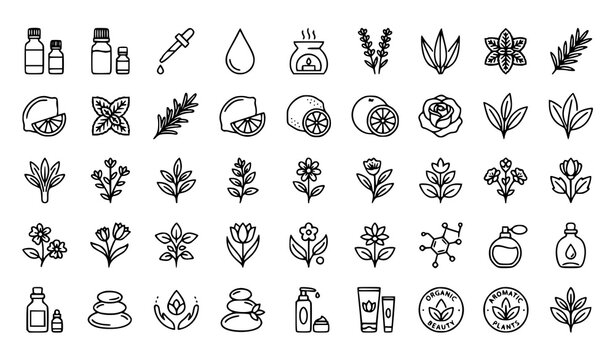 Natural skincare and aromatherapy outline icon collection featuring essential oil bottles, botanical leaves, flowers, creams, and wellness products