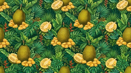 Fototapeta premium Seamless Pattern with Jackfruit and Tropical Leaves for Exotic Botanical Background Design