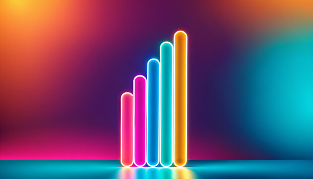 five brightly colored vertical neon tubes in ascending order on a dark gradient surface