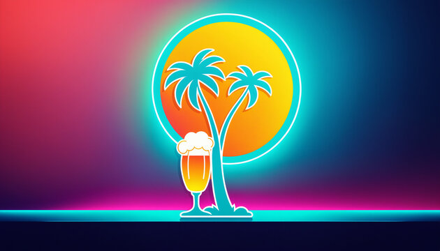 glowing neon styled sign of two palm trees and a large beer glass against a bright round sun