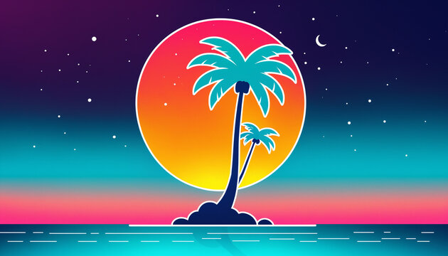 bright retro synthwave style scene with two palm trees on a small island against a large sun and starry night sky