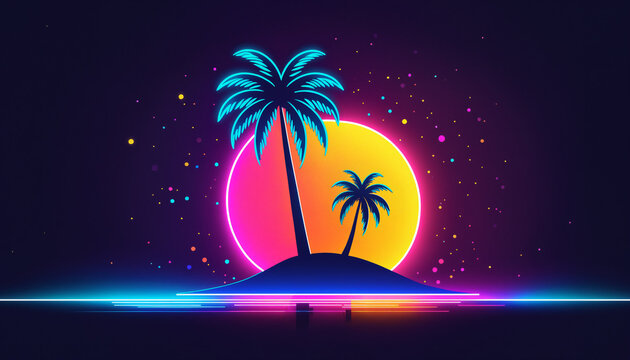 vibrant glowing neon outrun style evening scene with two palm tree silhouettes on a small island against a large bright sun and starry space sky