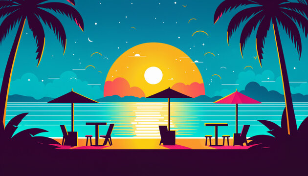 colorful flat illustration of a tropical beach cafe at sunset with empty tables chairs umbrellas and palm tree silhouettes framing a large yellow sun