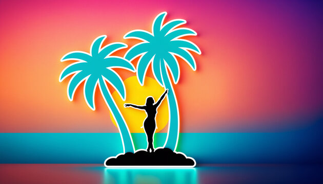 silhouette of a woman standing between two neon outlined palm trees against a colorful gradient sunset