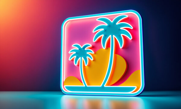 square glowing neon sign of two palm trees on a small island against a colorful gradient