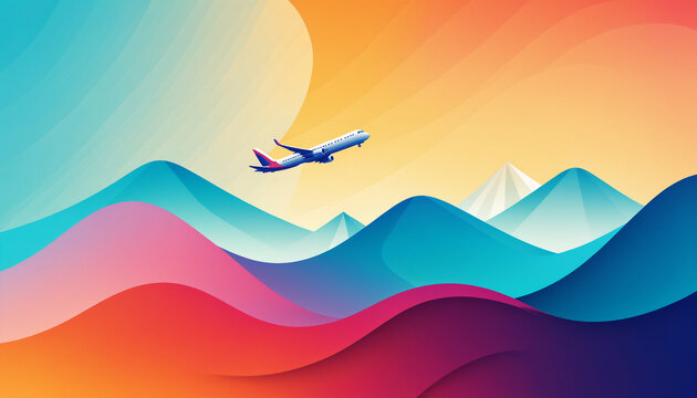 side view of a brightly colored passenger airplane flying over abstract rolling mountain ridges against a vibrant warm gradient sky at dusk