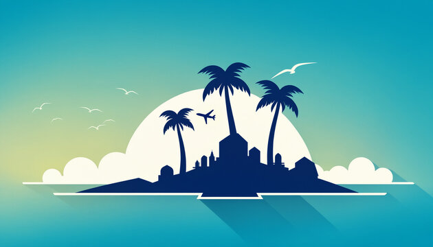dark blue silhouette of a tropical island city skyline with three tall palm trees a flying passenger airplane and birds against a large white sun