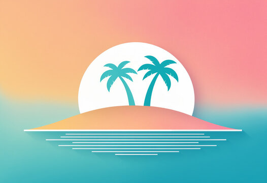 flat styled graphic of two teal palm trees on a small pink island against a large white sun and colorful gradient sky with white water reflection lines