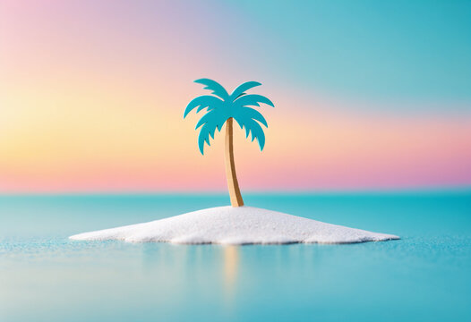 three dimensional minimal scene of a single teal and gold colored palm tree on a small mound of white sand surrounded by calm turquoise water against a colorful gradient sunset sky