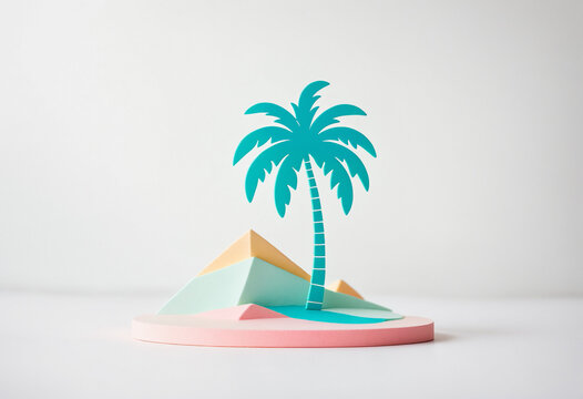 miniature stylized pastel island diorama scene with a single tall teal palm tree and sharp geometric pink and yellow sand dunes on a round pink base