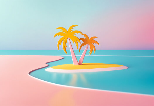 three dimensional minimal scene with two brightly colored yellow and pink palm trees on a small island surrounded by pink sand and turquoise water against a gradient sky