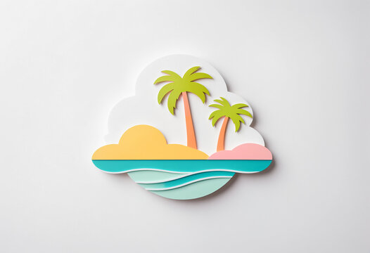 bright layered stylized island cutout scene with two green palm trees a half yellow sun smooth pink sand and overlapping teal ocean waves on a white surface