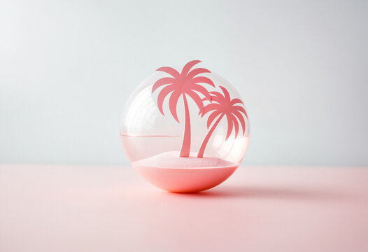 miniature display scene of two pink palm trees on smooth textured pink sand inside a transparent clear round glass sphere on a flat pale pink surface