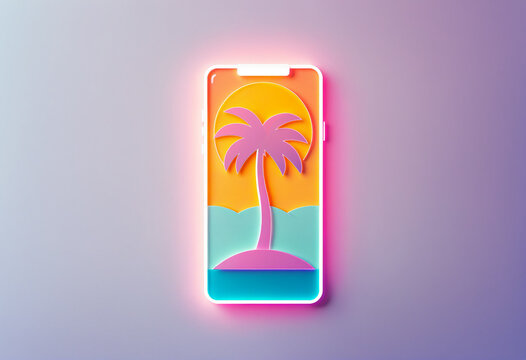 stylized white smartphone outline framing a layered bright scene with a pink palm tree  