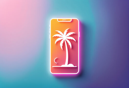 stylized white smartphone outline displaying a matching white palm tree silhouette  
