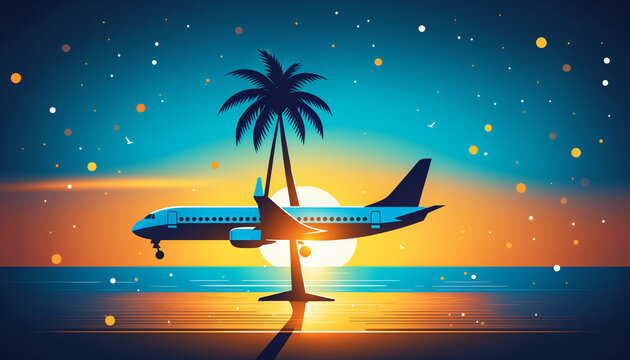 flat stylized graphic of a blue commercial airplane silhouette across a tall palm tree trunk against a large bright yellow setting sun and colorful starry gradient sky over the ocean