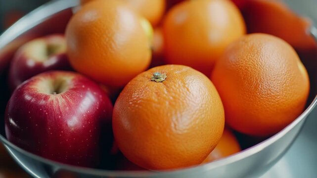 This shows a close-up view of a bowl filled with ripe apples and oranges. The fruits are fresh and colorful, suggesting they are ready to eat.