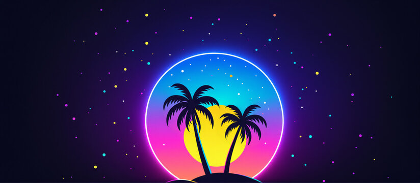 vibrant retro synthwave style sunset with two dark palm tree silhouettes on a small island framed by a bright neon circle against a dark purple starry space sky
