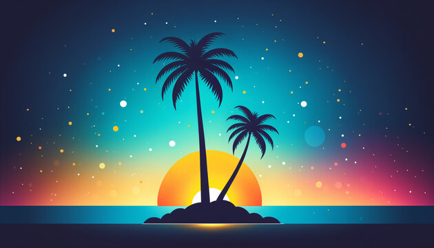 vibrant retro evening landscape with two dark palm tree silhouettes on a black island against a teal and magenta gradient sky filled with many bright glowing starry dots and a large yellow sun