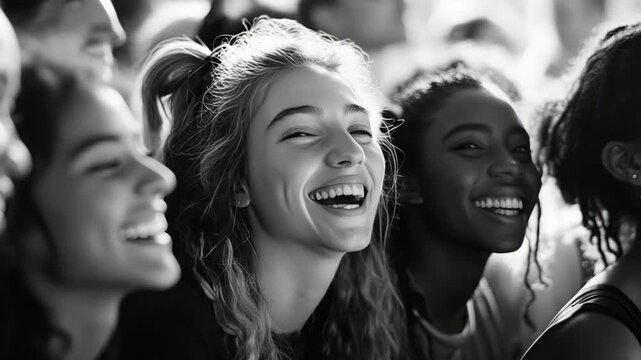 Black and white shot of joyful young women laughing together. Natural light highlights their genuine expressions. Crowd smiles in shared, spontaneous happiness