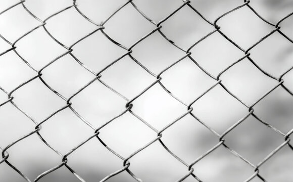 Black and white photograph of chain link fence with blurred background creating moody and textured pattern