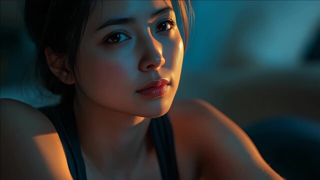 A young woman's face viewed up-close, with her eyes closed and resting on a surface, suggesting tranquility.