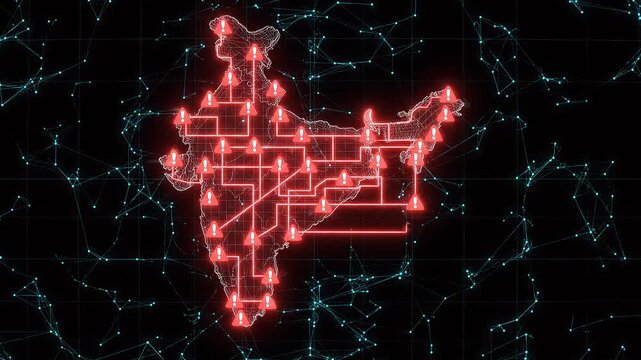 Digital Cyber Security Network Map of India Representing Data Breach Threats and Cyber Attack Alerts Across Regions