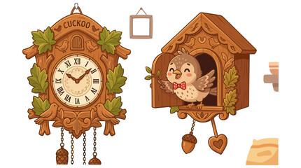 Vintage Wooden Cuckoo Clock Vector Set with Carved Leaves, Moving Pendulums, and Cute Bird Character Popping Out for Time and Decor Designs.