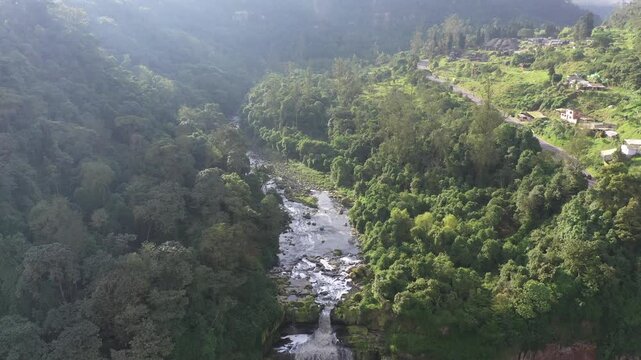 Aerial river valley above Tequendama Falls in Colombia