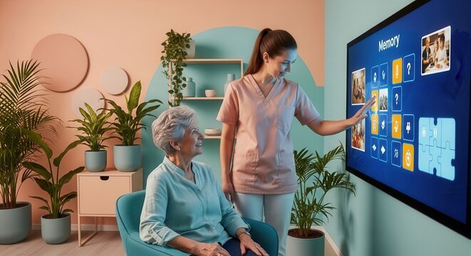 Nurse assists elderly woman with memory game on interactive digital screen, promoting cognitive health and engagement.