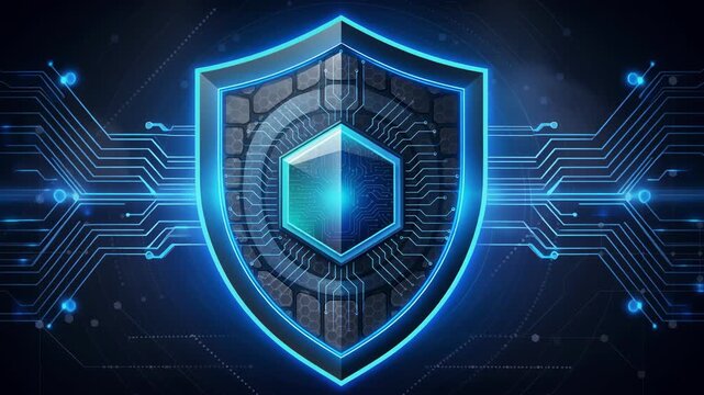 Futuristic shield with glowing blue circuits powering up technology and security concept animation