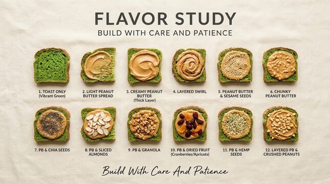 Vibrant flavor study infographic showing twelve slices of green matcha bread with various peanut butter toppings like granola and seeds, providing creative food presentation and recipe concepts today.