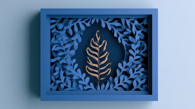 A cut paper shadow box displays a single leaf in the center. Surrounding foliage creates layers. The piece is set against a blue background.