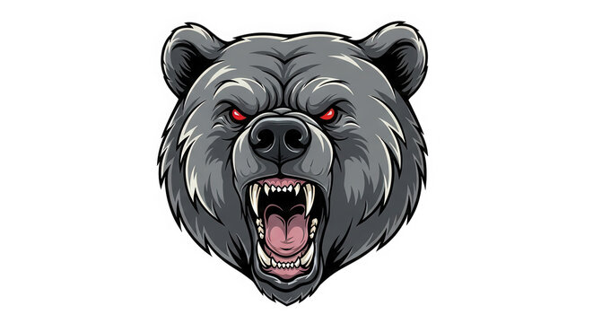 Pixel art grizzly bear head with glowing red eyes and open mouth isolated on transparent background