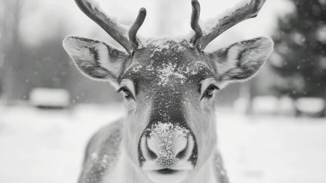 Winter deer stands in snow, looking directly at camera. Frost clings to its nose and antlers. Soft snowflakes fall around the animal. Background trees blurred, snowy, quiet. Animal's eyes show calm