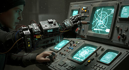 Fototapeta premium Cybernetic Arm Controls Futuristic Console Displays