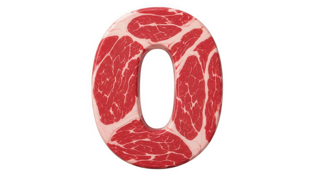 Number zero made of fresh raw beef meat texture isolated on transparent background
