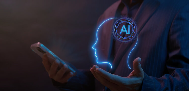 Businessman holding smartphone while open hand supporting glowing digital human head profile with AI processor inside. Artificial intelligence neural network and human mind computing concept.