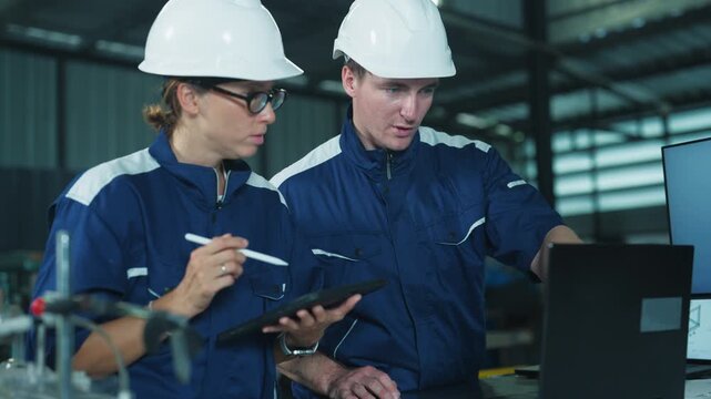 Male supervisor and female employee planning assembly strategy in a warehouse. Demonstrating effective communication and business teamwork.