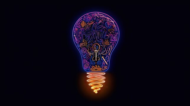 Neon glowing light bulb filled with creative sketch symbols, innovation inspiration business concept, 3D render on dark background for brainstorming and business ideas