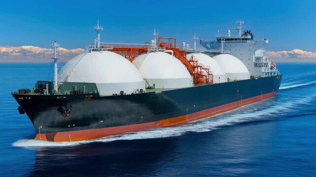 Massive liquefied natural gas carrier ship sailing smoothly across calm blue ocean waters