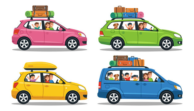 Family road trip car collection with luggage on roof racks parents kids and pets driving on summer vacation journey