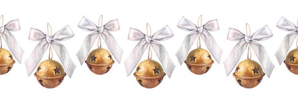 Watercolor seamless border with bronze or golden old jingle bell with ribbon bow on white background. Christmas melody toy for celebration gift. Musical instrument. Vintage wallpaper or wrapping