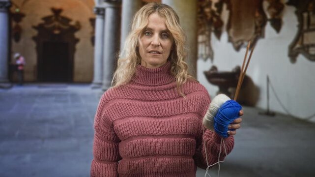 Woman holding blue and white yarn with knitting needles, performing a simple stitch in historic building; melancholy reflection.