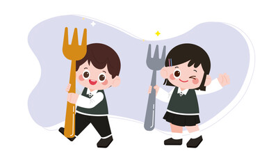 Cute School Children Cartoon Illustration Playing with Giant Fork and Spoon, Adorable Kids Food Character for School Lunch, Cooking and Nutrition Education