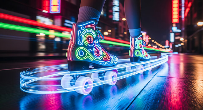 Retro Neon Roller Skate on Futuristic City Street Motion Blur